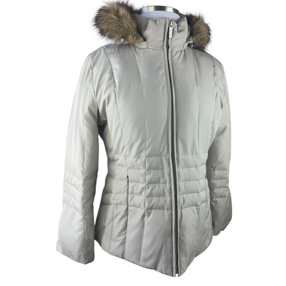 Calvin Klein Down Puffer Coat Faux Fur Hood Beige Full Zip Women's Size XL - Picture 3 of 15
